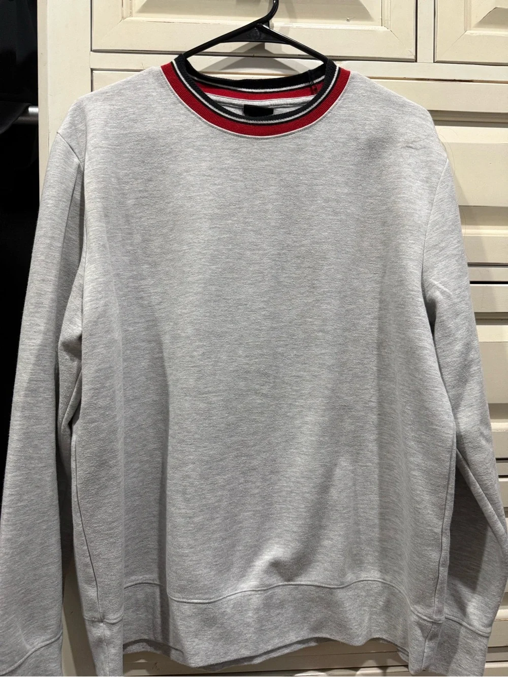 Women’s Light Gray Crewneck Sweater with Red Trim